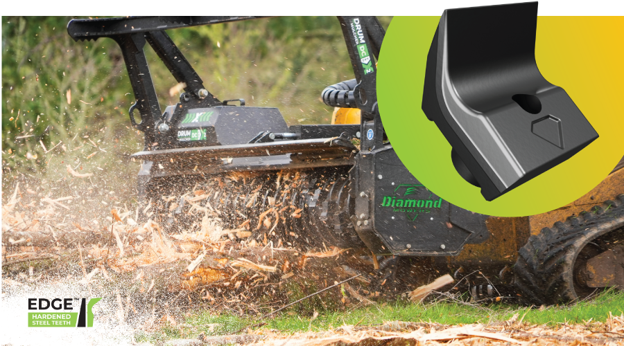 edge teeth on a drum mulcher mulching a tree