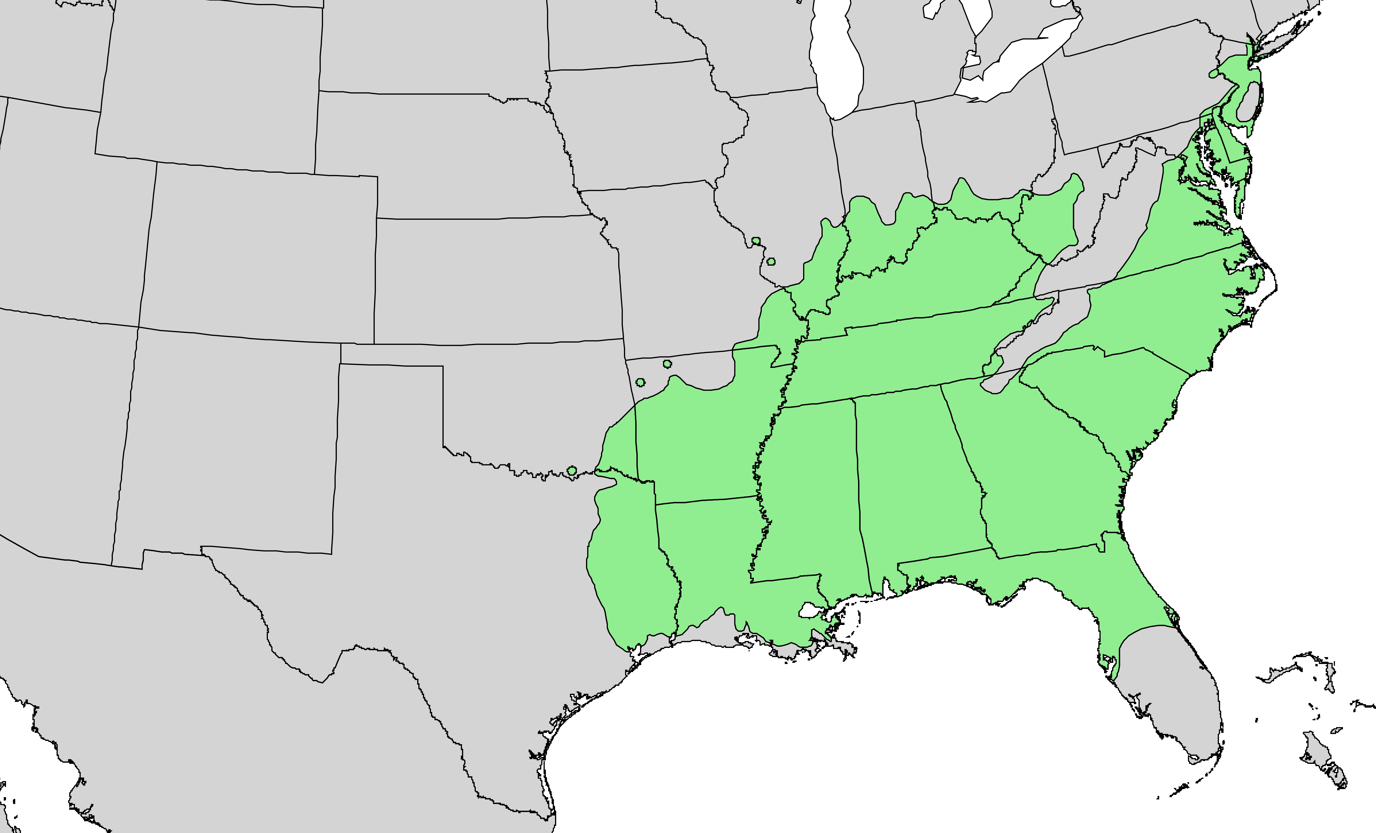 Map showing Sweetgum growth range. (Photo courtesy of USGS)