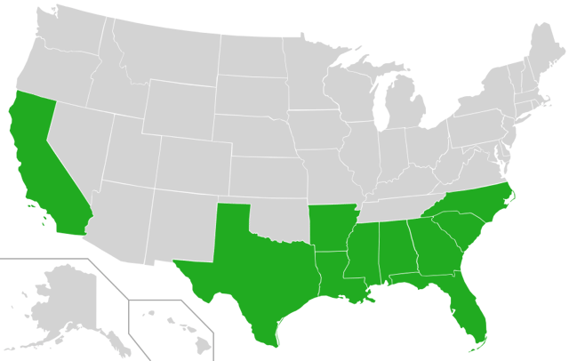 Map showing distribution by US state for Triadica sebifera, (syn. Sapium sebiferum) (Chinese Tallow). (Photo courtesy of WIKIMEDIA COMMONS)