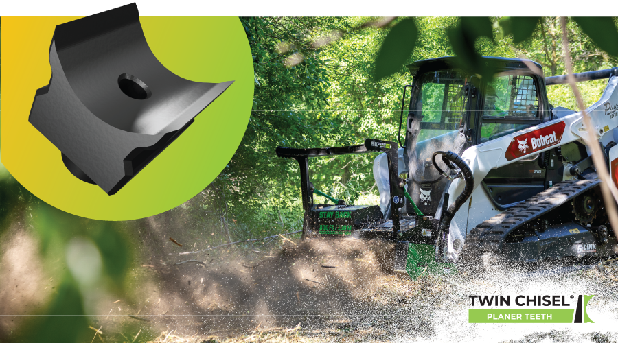 Twin chisel tooth on a drum mulcher mulching a tree