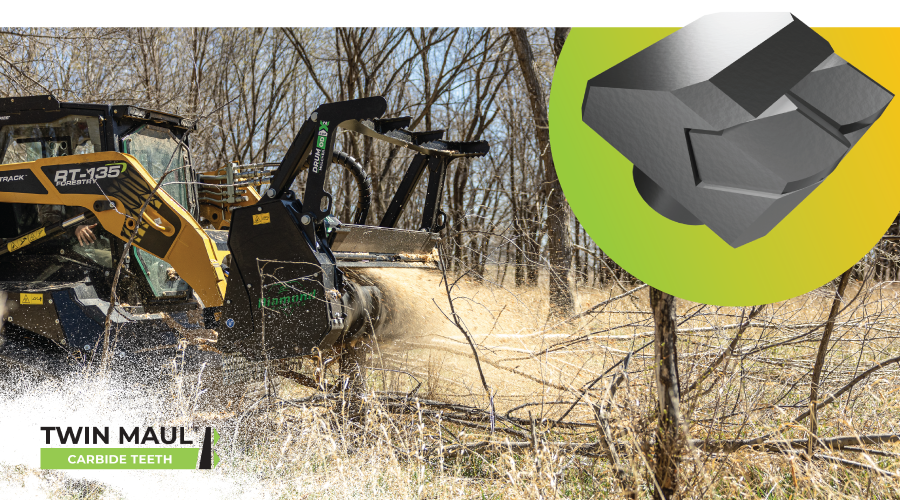 twin maul teeth on a drum mulcher mulching a tree