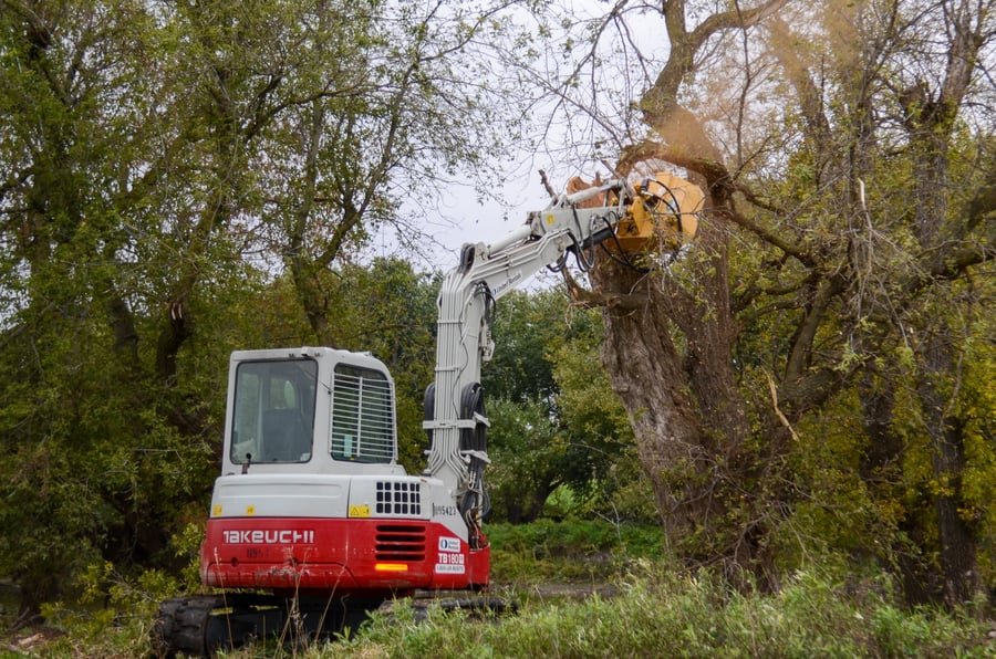 excavator with disc mulcher cutting a tree